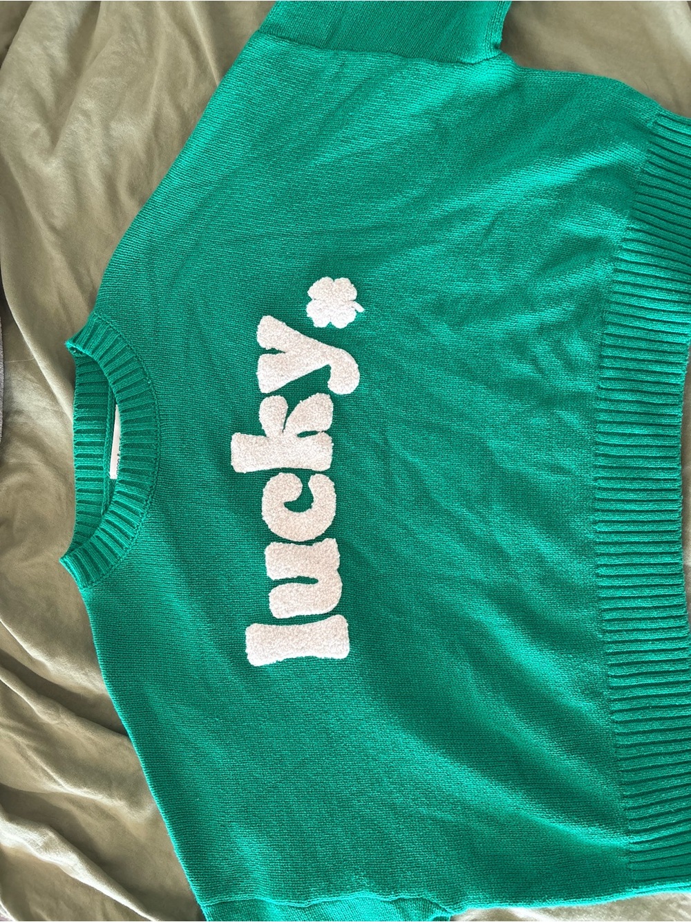 moon & madison Green Crewneck Sweater with White 'Lucky' Chenille Graphic